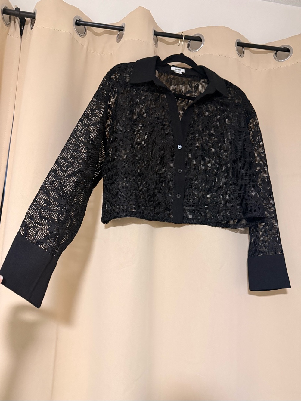 Jason Wu Black Sheer Lace Button-Front Crop Blouse - Picture 2 of 4